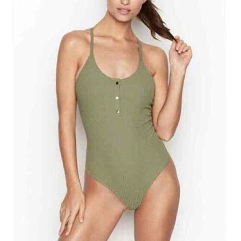 Victoria Secret Sport Womens Green Ribbed Racerback Bodysuit Snap Front Sz M